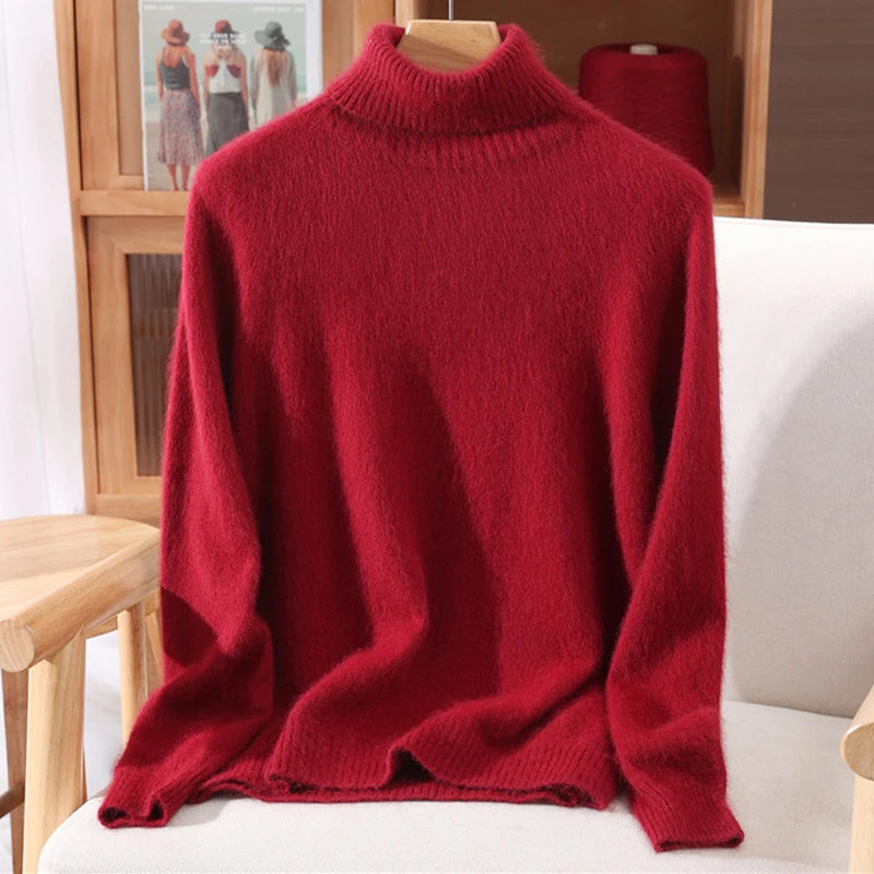 Autumn And Winter New 100% Mink Cashmere Sweater Ladies' High Lapel Solid Color Padded Pullover Wool Knitted Bottoming Shirt