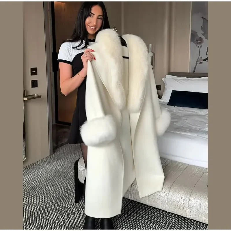 Elegant Fur Patchwork Woolen Coat Women Chic Full Sleeve V-neck Lace Up Loose Long Overcoat 2025 Lady Winter Commute Outwear