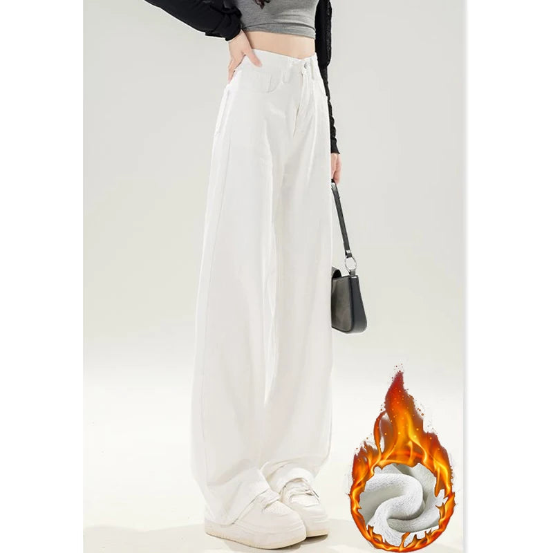 Winter Girls Thermal Fleece High Waist Jeans Lady Snow Warm Plush Denim Pants Women Classic Fashion Straight Leg Trousers