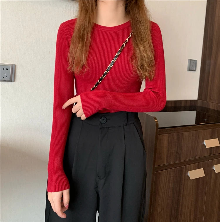 2025 New Women Sweater Autumn Winter Long Sleeve Pullover Basic Top Fashion O-neck Elastic Female Winter Solid Knitted Jumper