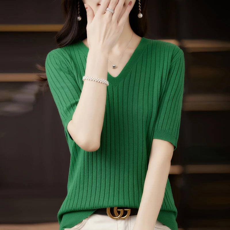 Women's Sweater Spring Summer Short Sleeve V-neck Knit Shirt Casual Korean Pullovers Stripe Bottoming Shirt Slim Fit Jumpers