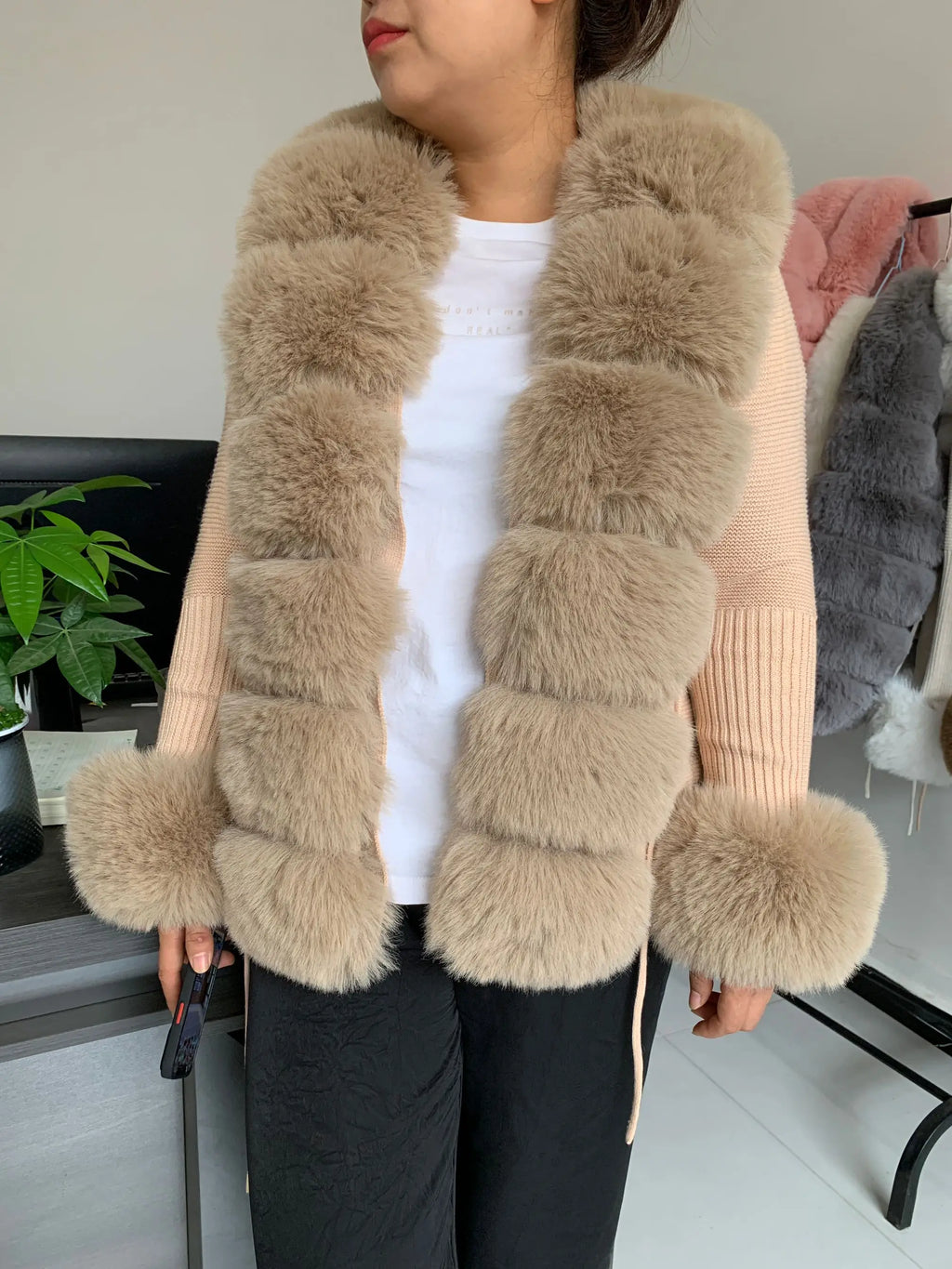 Women Faux Fur Knit Sweater cardigan Spring Autumn elegant Knitted sweater with faux fox fur collar Ladies Fashion Coat fur coat