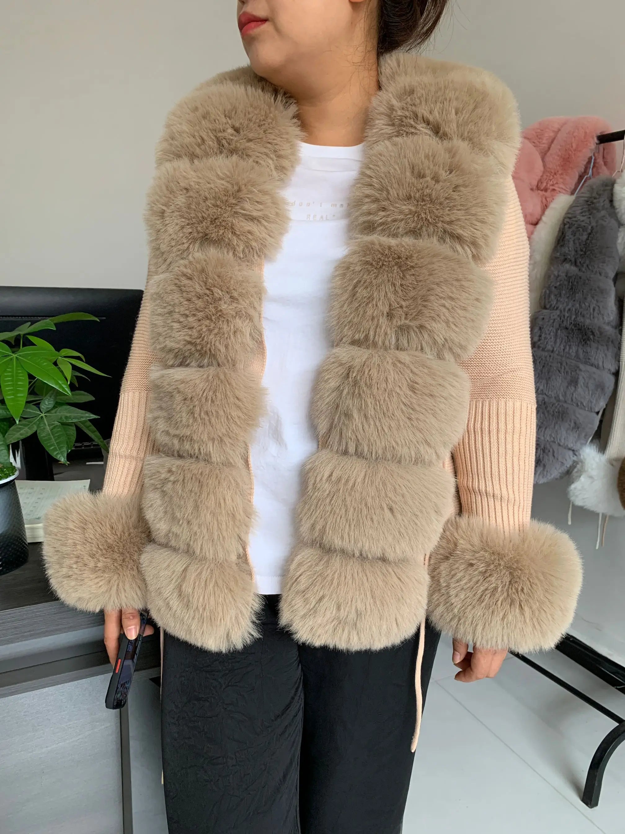 Women Faux Fur Knit Sweater cardigan Spring Autumn elegant Knitted sweater with faux fox fur collar Ladies Fashion Coat fur coat