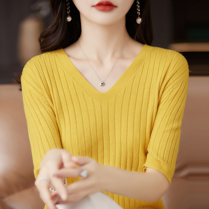Women's Sweater Spring Summer Short Sleeve V-neck Knit Shirt Casual Korean Pullovers Stripe Bottoming Shirt Slim Fit Jumpers