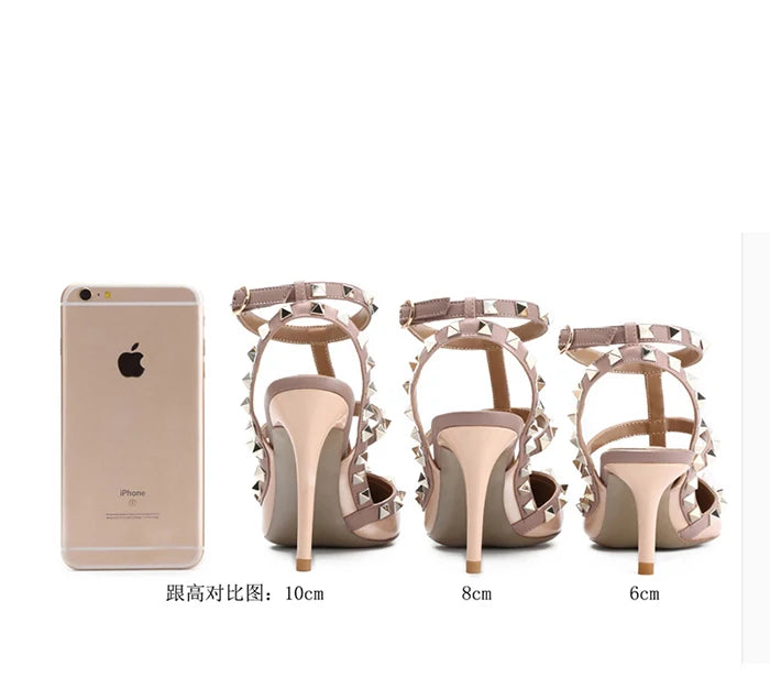 Three straps Rivet Heeled sandals luxury Women's Gladiator sandals summer Brand Slingbacks High Heels designer party Ladies Shoe