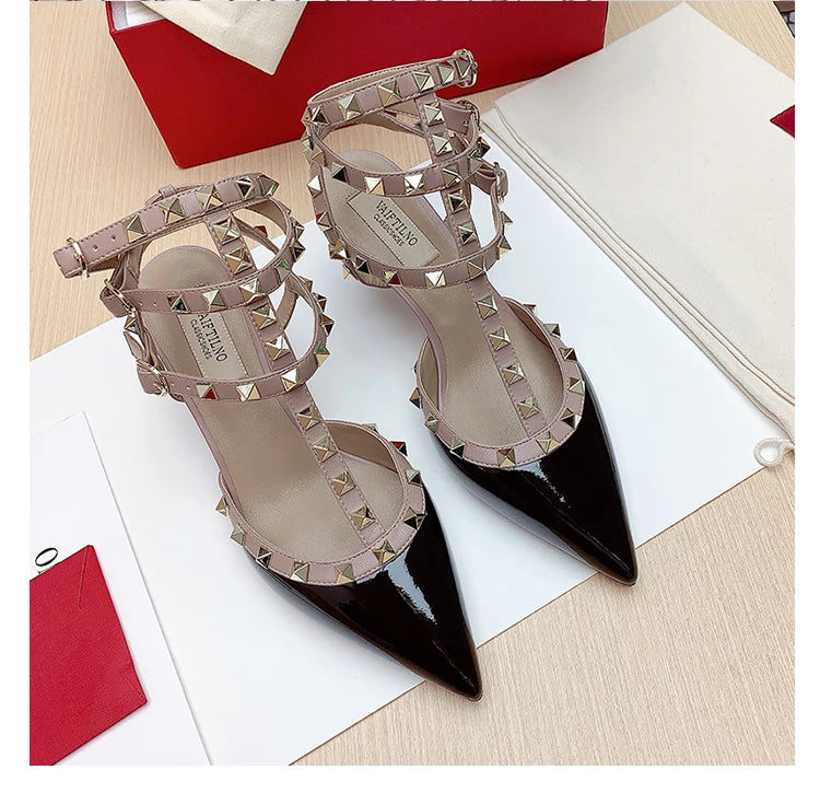 Three straps Rivet Heeled sandals luxury Women's Gladiator sandals summer Brand Slingbacks High Heels designer party Ladies Shoe