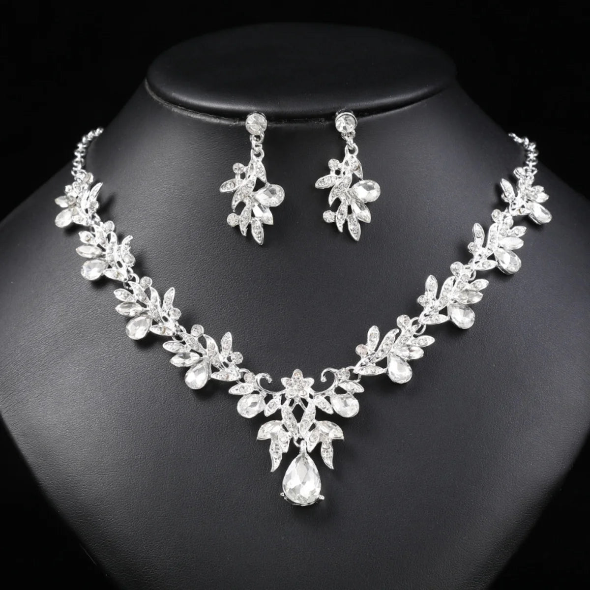 3PC Wedding Season Women's Fashion Trend Sparkling Leaf Water Drop Necklace Earrings Jewelry Set Banquet Party Holiday Gift