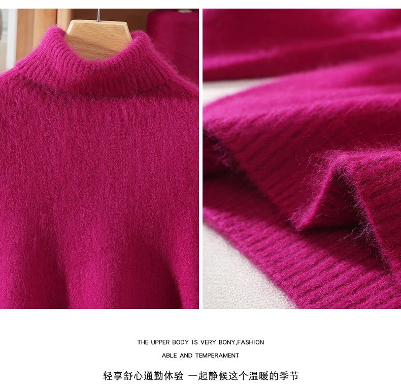 Autumn And Winter New 100% Mink Cashmere Sweater Ladies' High Lapel Solid Color Padded Pullover Wool Knitted Bottoming Shirt