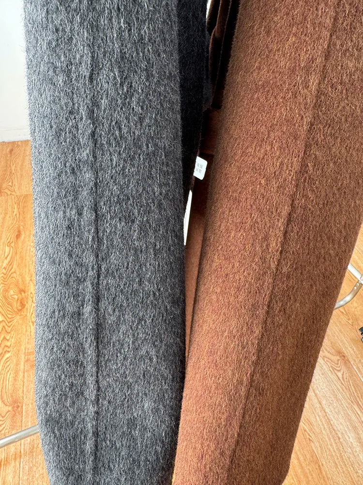 Korean Fashion Dark Gray Stand Collar 100%Wool Coat Women Long Winter Jacket