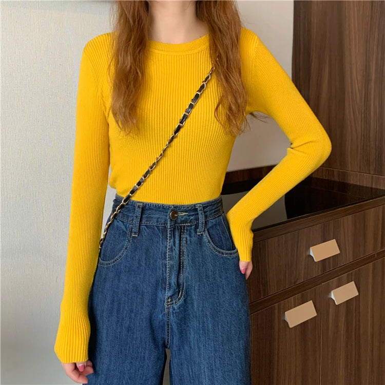 2025 New Women Sweater Autumn Winter Long Sleeve Pullover Basic Top Fashion O-neck Elastic Female Winter Solid Knitted Jumper