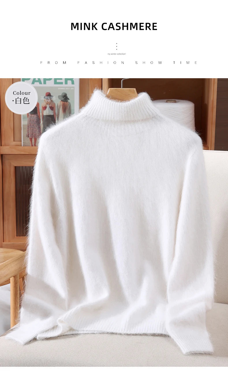 Autumn And Winter New 100% Mink Cashmere Sweater Ladies' High Lapel Solid Color Padded Pullover Wool Knitted Bottoming Shirt