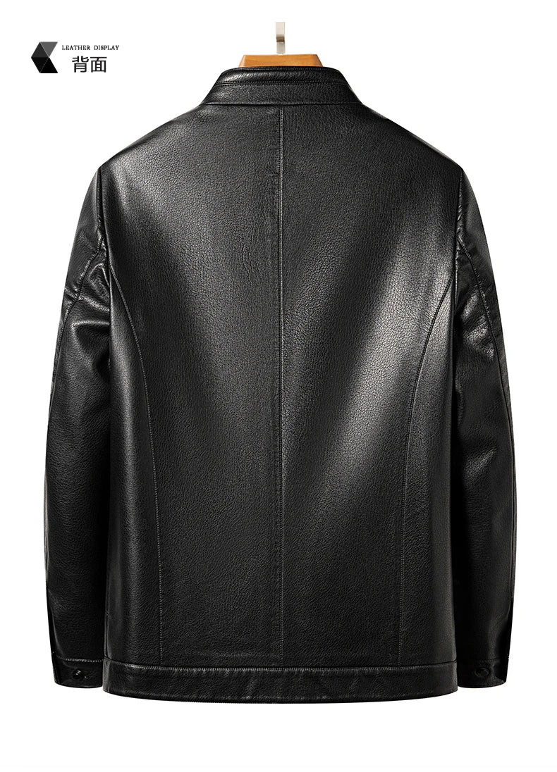 YN-2335 Spring and Autumn Men's Genuine Leather Polo Mock Neck Jacket Fashion Slim Sheepskin Coat Black Grey Husband Gift Youth