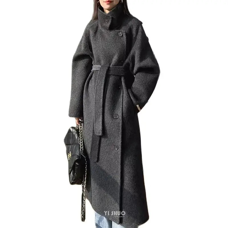 Korean Fashion Dark Gray Stand Collar 100%Wool Coat Women Long Winter Jacket