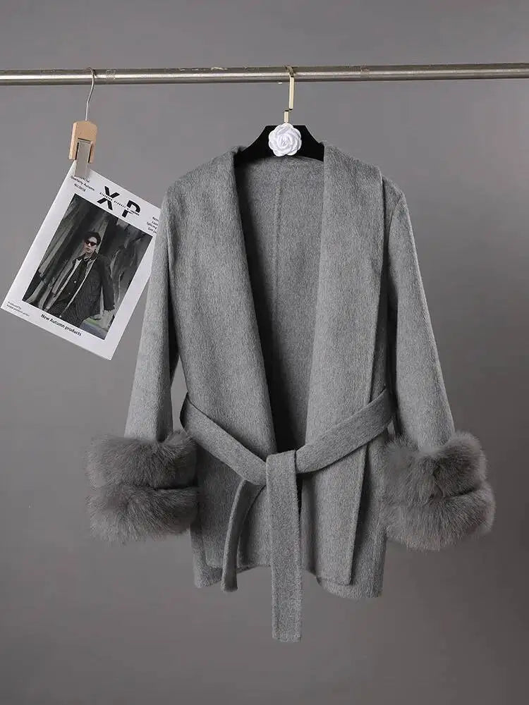 UCXQ Elegant OL Office Lady Overcoats Fur Patchwork Long Sleeve Woolen Coat Beautiful Women's Clothing Jacket Autumn 2025 Winter