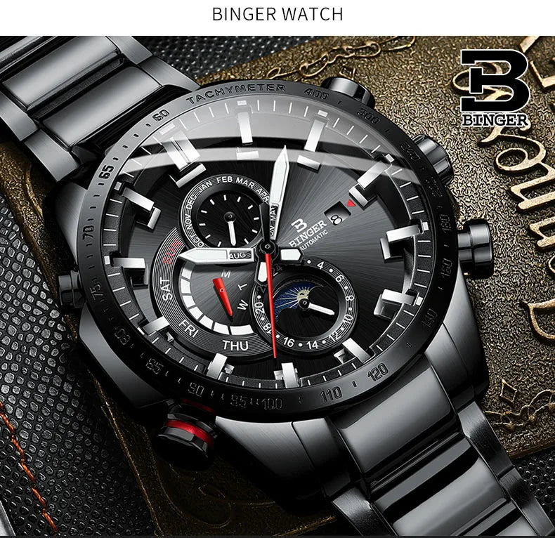 Genuine Luxury Switzerland BINGER Brand Mens Watches Automatic Mechanical Luminous Waterproof Running Calendar Male Moon Phase