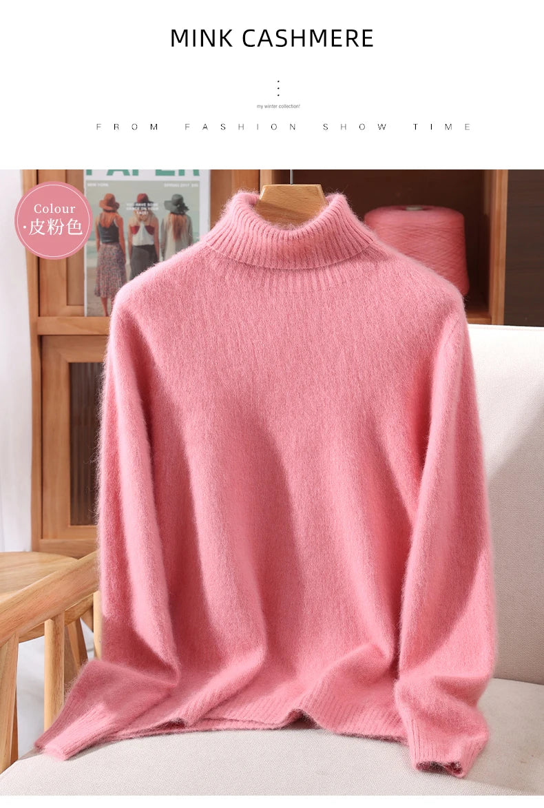 Autumn And Winter New 100% Mink Cashmere Sweater Ladies' High Lapel Solid Color Padded Pullover Wool Knitted Bottoming Shirt