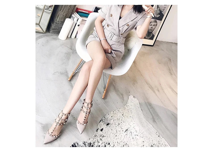 Three straps Rivet Heeled sandals luxury Women's Gladiator sandals summer Brand Slingbacks High Heels designer party Ladies Shoe