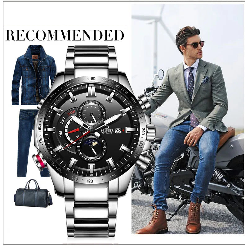 Genuine Luxury Switzerland BINGER Brand Mens Watches Automatic Mechanical Luminous Waterproof Running Calendar Male Moon Phase