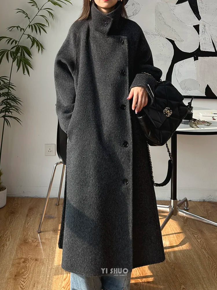 Korean Fashion Dark Gray Stand Collar 100%Wool Coat Women Long Winter Jacket