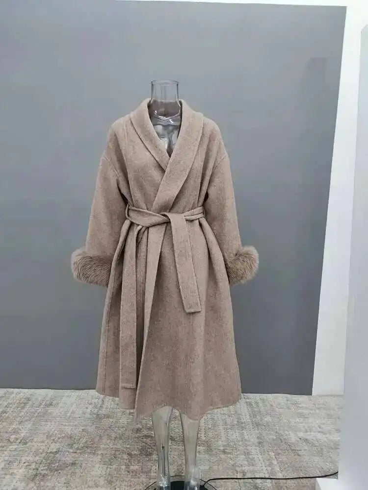 UCXQ Elegant OL Office Lady Overcoats Fur Patchwork Long Sleeve Woolen Coat Beautiful Women's Clothing Jacket Autumn 2025 Winter