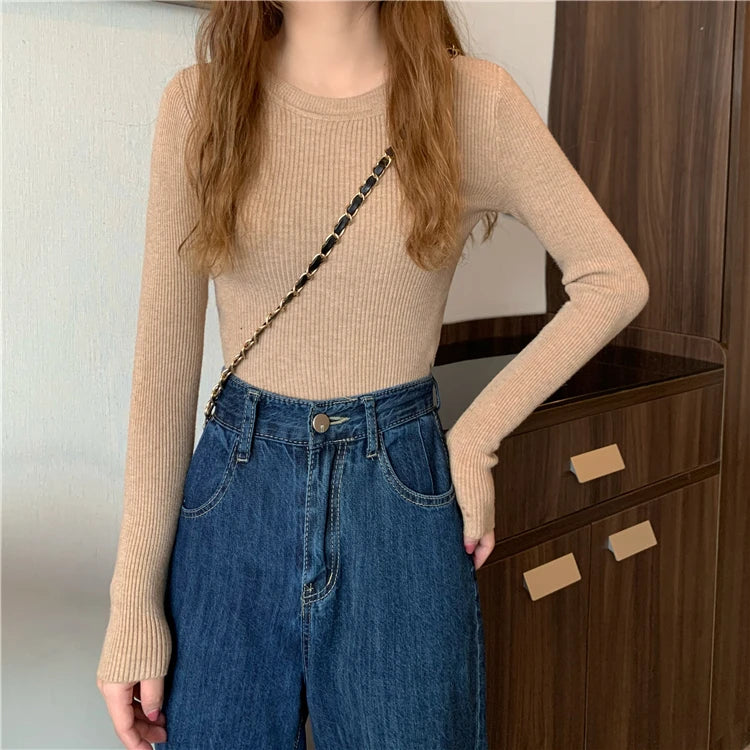 2025 New Women Sweater Autumn Winter Long Sleeve Pullover Basic Top Fashion O-neck Elastic Female Winter Solid Knitted Jumper