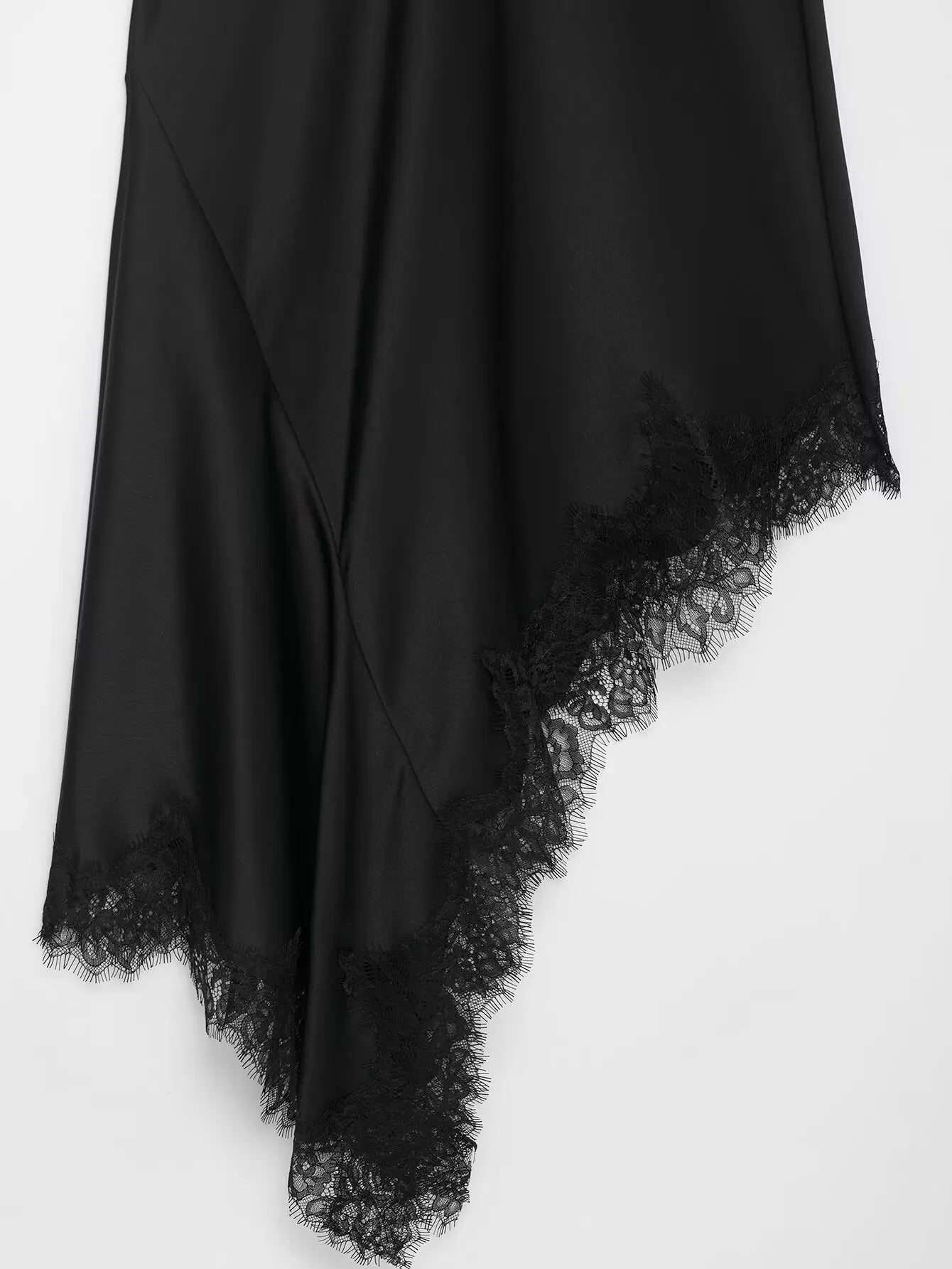 BSAY 2025 Summer New Product Women's Lace Decorative Satin Texture Strap Sexy Dress with Hanging Neck and Asymmetric Bottom