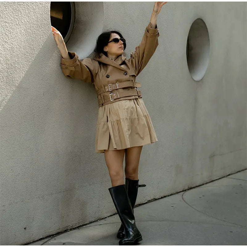 Elegant Double Belt Women Windbreaker Casual Khaki Long Sleeve Lapel Button Female Jacket 2025 Autumn Winter Lady Streetwear New