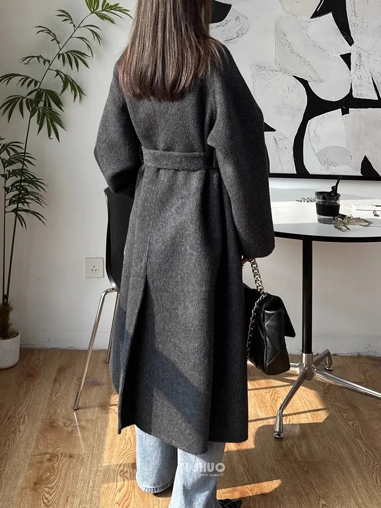 Korean Fashion Dark Gray Stand Collar 100%Wool Coat Women Long Winter Jacket