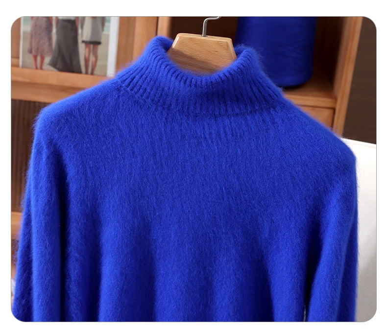 Autumn And Winter New 100% Mink Cashmere Sweater Ladies' High Lapel Solid Color Padded Pullover Wool Knitted Bottoming Shirt