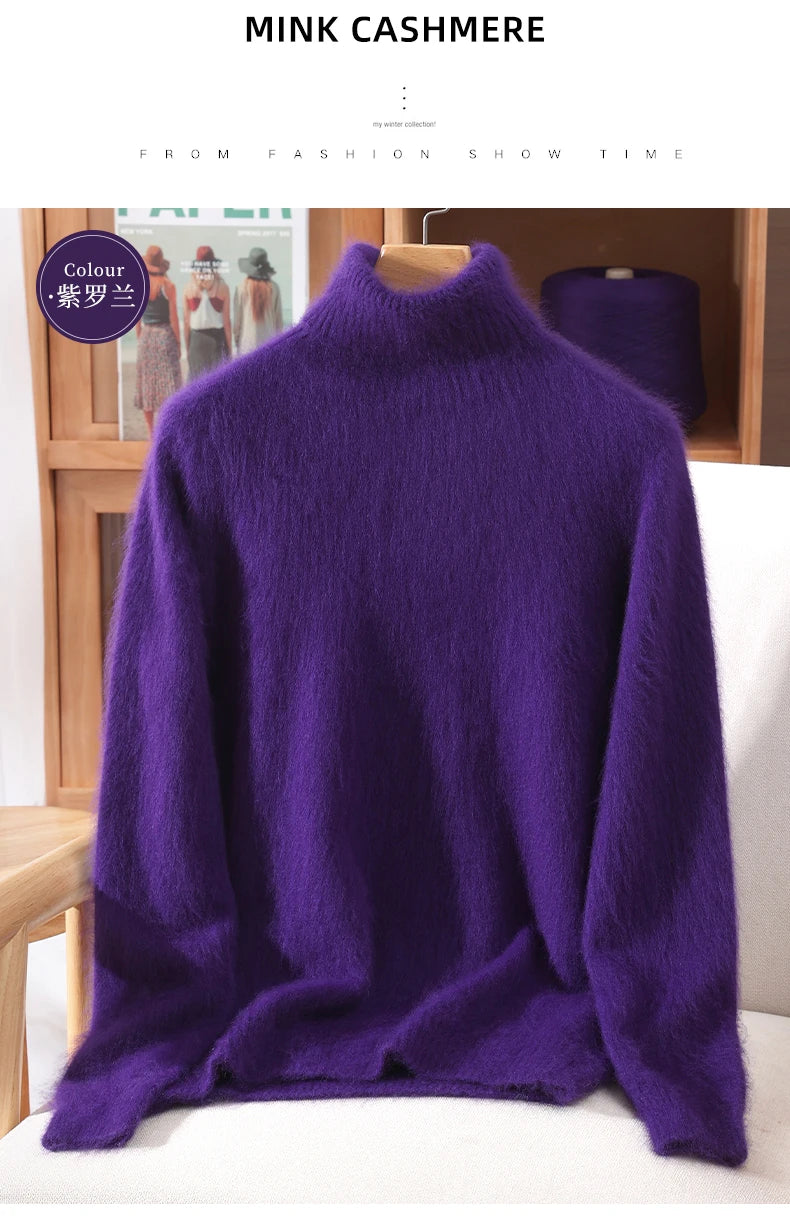 Autumn And Winter New 100% Mink Cashmere Sweater Ladies' High Lapel Solid Color Padded Pullover Wool Knitted Bottoming Shirt