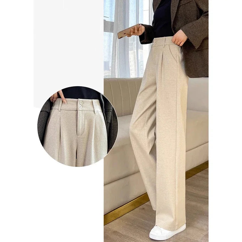 Autumn Winter Female Classic Daily Woolen Pants Girls Narrow Straight Leg Trousers Lady Solid Thicken High Waisted Pants