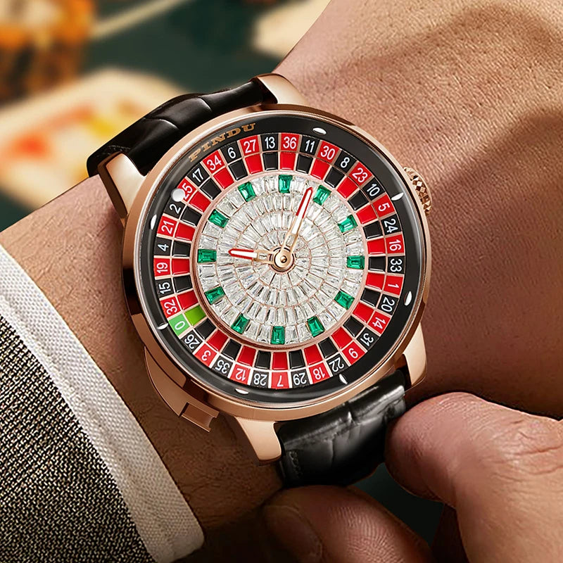 PINDU New Watches European Button Roulette Fun Game Sapphire Glass NH35A Mechanical Watch Diamond Dial Leather Men's Watch P6628