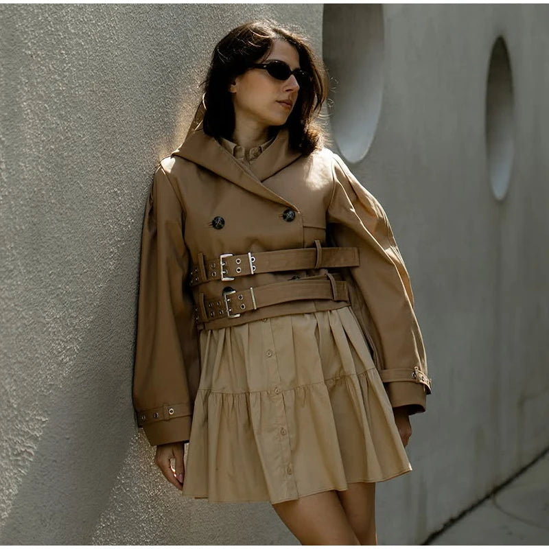 Elegant Double Belt Women Windbreaker Casual Khaki Long Sleeve Lapel Button Female Jacket 2025 Autumn Winter Lady Streetwear New