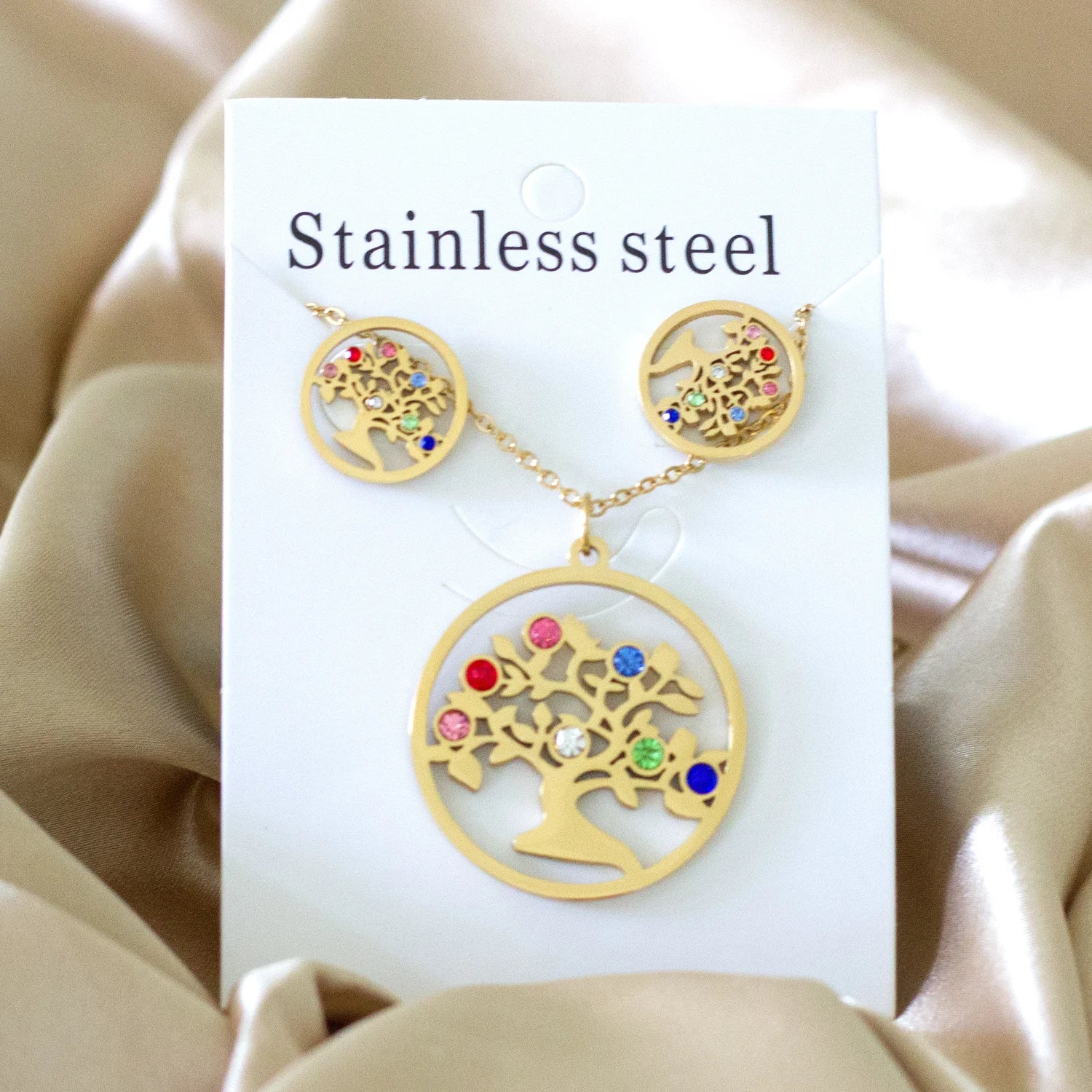 LUXUKISSKIDS Big Tree Of Life Charms Dubai Golden Jewelry Sets For Woman/Men Hippie Round Pendant Set of Necklace Earrings Punk