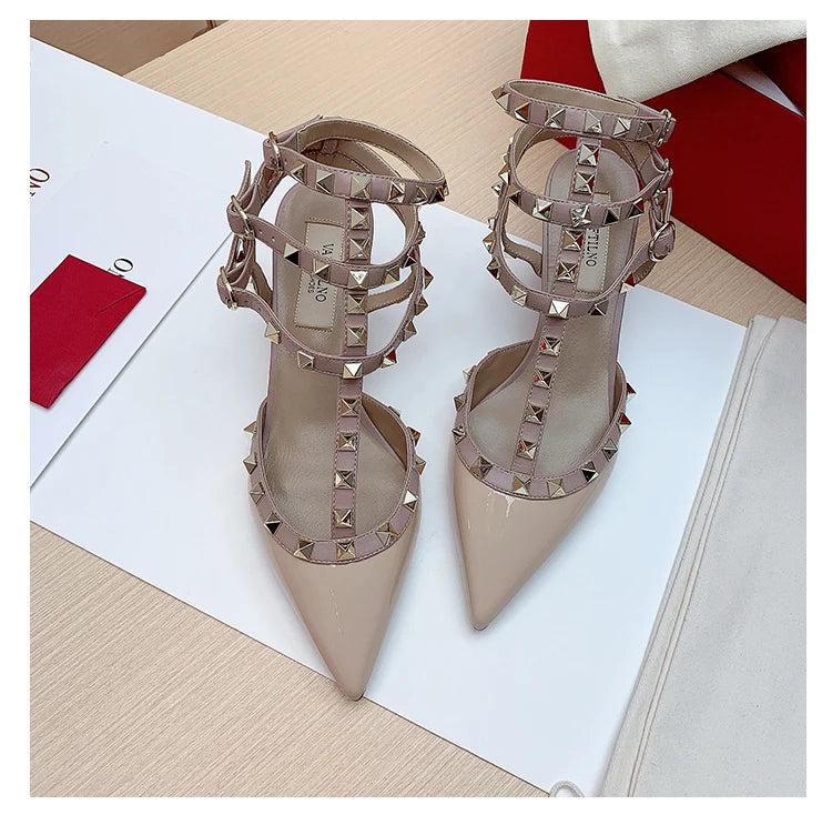Three straps Rivet Heeled sandals luxury Women's Gladiator sandals summer Brand Slingbacks High Heels designer party Ladies Shoe