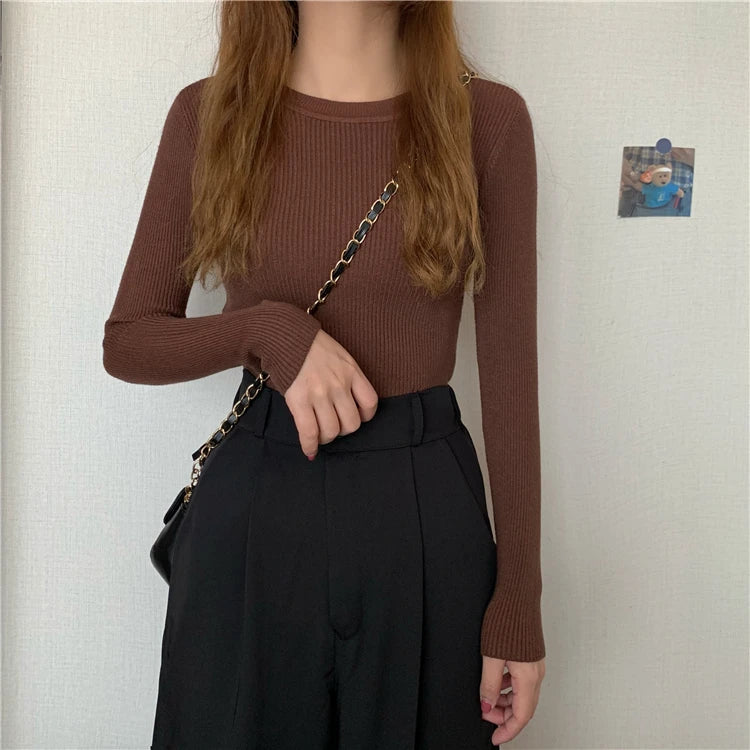 2025 New Women Sweater Autumn Winter Long Sleeve Pullover Basic Top Fashion O-neck Elastic Female Winter Solid Knitted Jumper