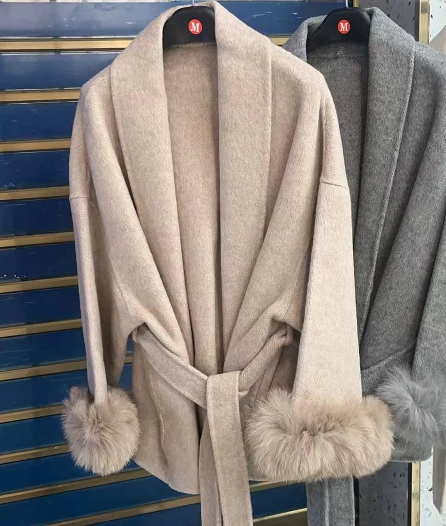 UCXQ Elegant OL Office Lady Overcoats Fur Patchwork Long Sleeve Woolen Coat Beautiful Women's Clothing Jacket Autumn 2025 Winter