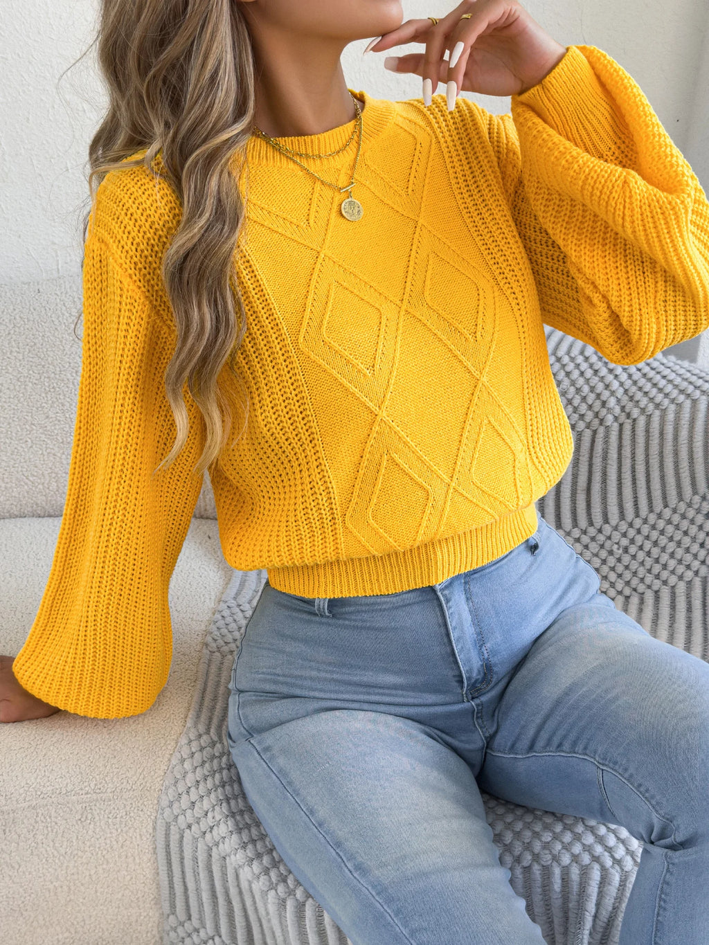 Women's Solid Color Round Neck Lantern Long Sleeve Knitted Sweaters for 2025 Autumn Winter Clothes Yellow Red Khaki