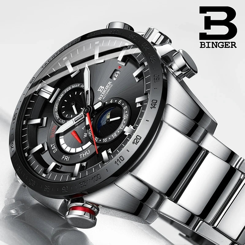 Genuine Luxury Switzerland BINGER Brand Mens Watches Automatic Mechanical Luminous Waterproof Running Calendar Male Moon Phase