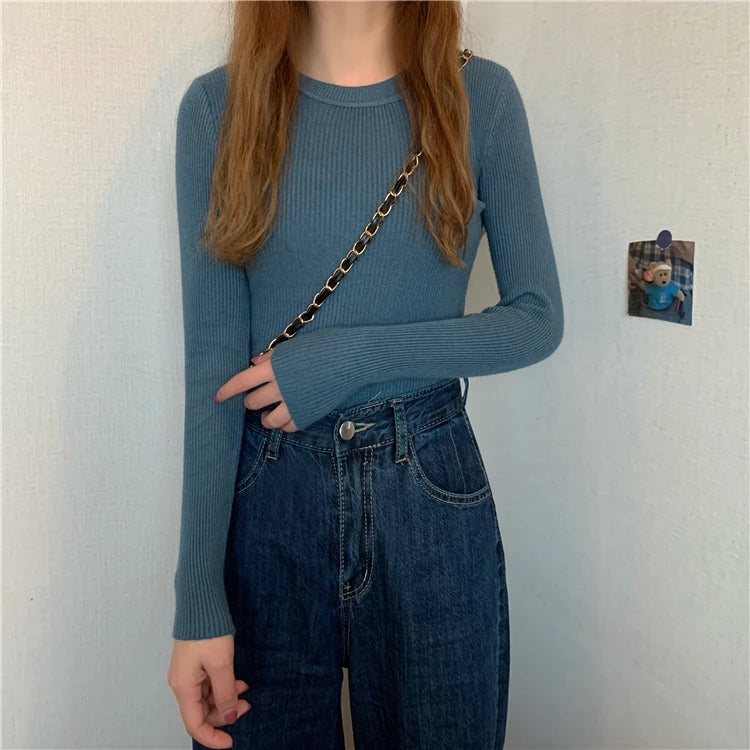 2025 New Women Sweater Autumn Winter Long Sleeve Pullover Basic Top Fashion O-neck Elastic Female Winter Solid Knitted Jumper