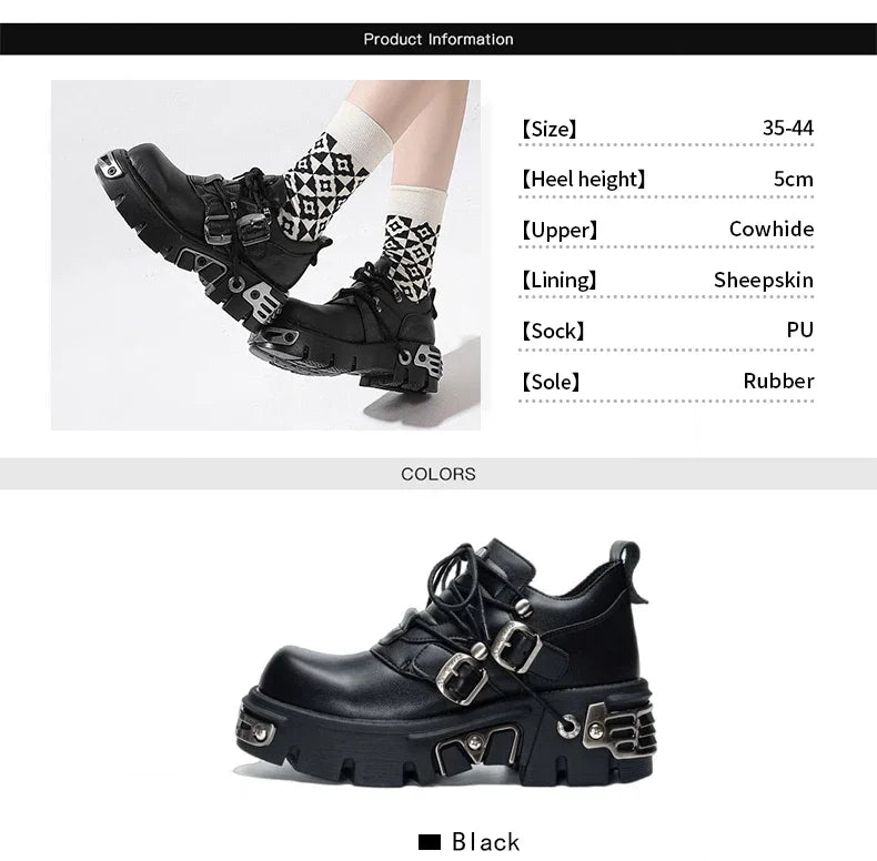 2025 New Dark Punk Style Woman Gothic Flame Carved Vintage Rock Boots Leather Shoes Metal Niche Low Top Platform Shoes