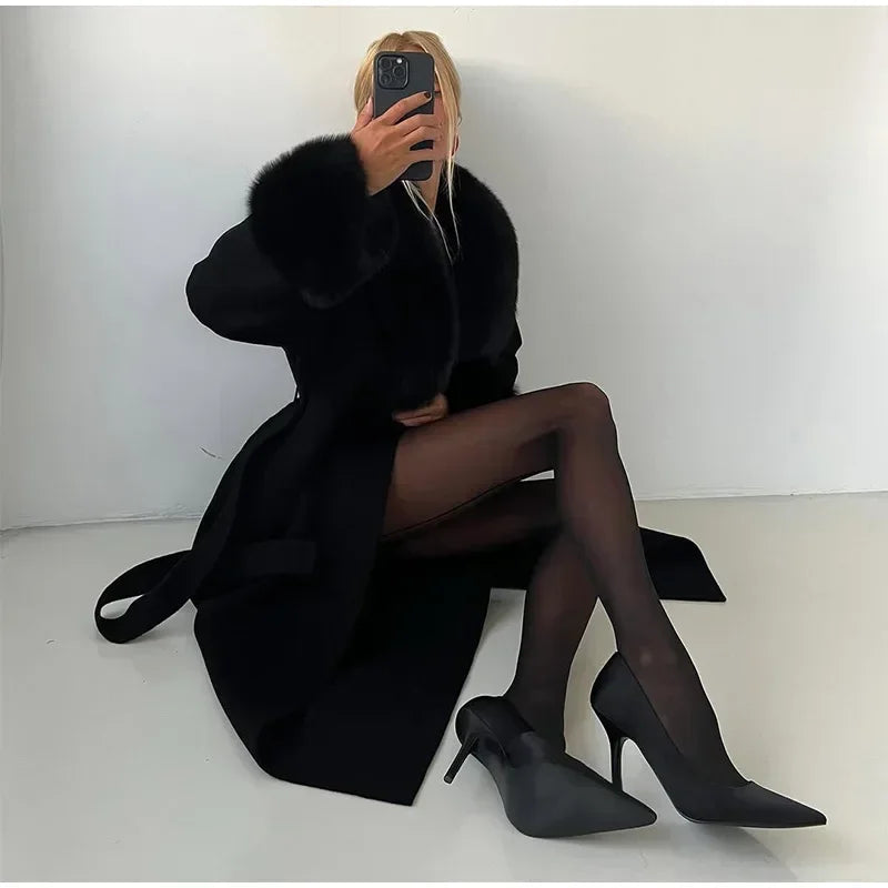 Elegant Fur Patchwork Woolen Coat Women Chic Full Sleeve V-neck Lace Up Loose Long Overcoat 2025 Lady Winter Commute Outwear