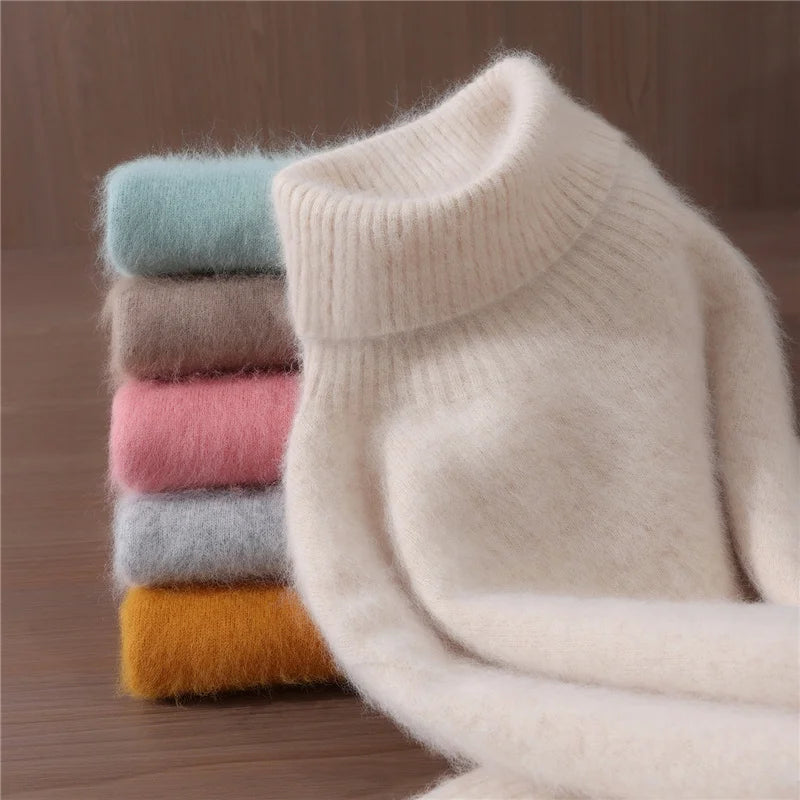 Autumn And Winter New 100% Mink Cashmere Sweater Ladies' High Lapel Solid Color Padded Pullover Wool Knitted Bottoming Shirt