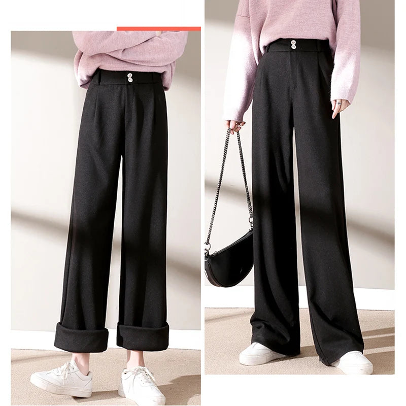 Autumn Winter Female Classic Daily Woolen Pants Girls Narrow Straight Leg Trousers Lady Solid Thicken High Waisted Pants