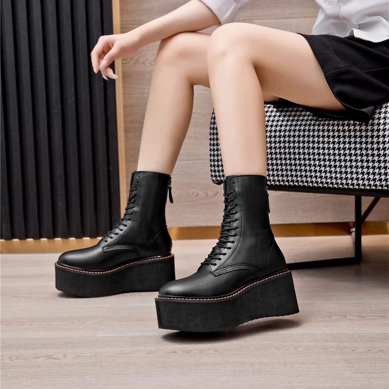 AIYUQI Women Ankle Boots Genuine Leather 2025 New Platform High Heel Short Boots Female Non-slip Large Size Women Winte Boots