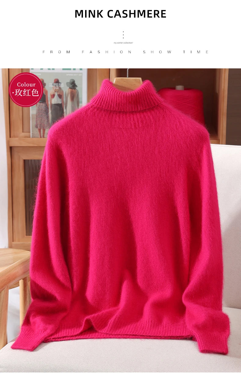 Autumn And Winter New 100% Mink Cashmere Sweater Ladies' High Lapel Solid Color Padded Pullover Wool Knitted Bottoming Shirt