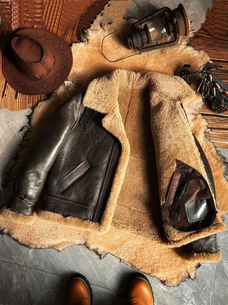 New Fashion 2024 Men's Winter Coat Genuine Leather Natural Sheepskin Shearling Jacket Thick Wool Liner Brown Plus Size XXXXXXL