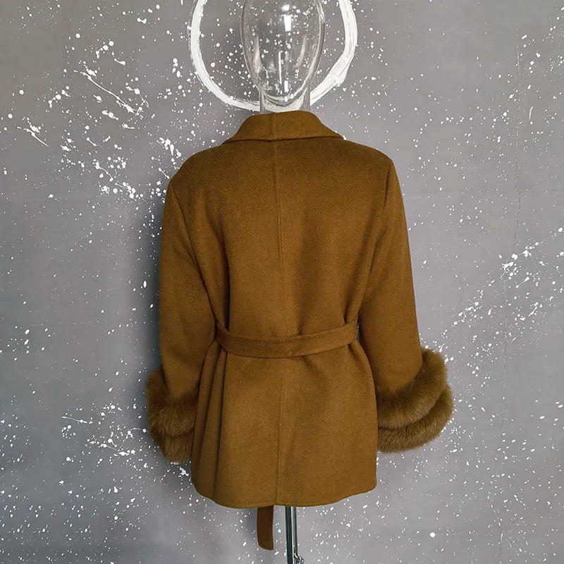 UCXQ Elegant OL Office Lady Overcoats Fur Patchwork Long Sleeve Woolen Coat Beautiful Women's Clothing Jacket Autumn 2025 Winter