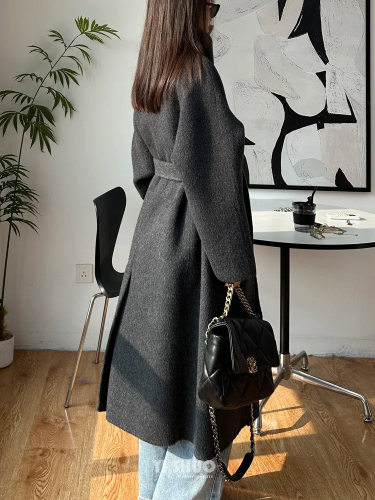 Korean Fashion Dark Gray Stand Collar 100%Wool Coat Women Long Winter Jacket