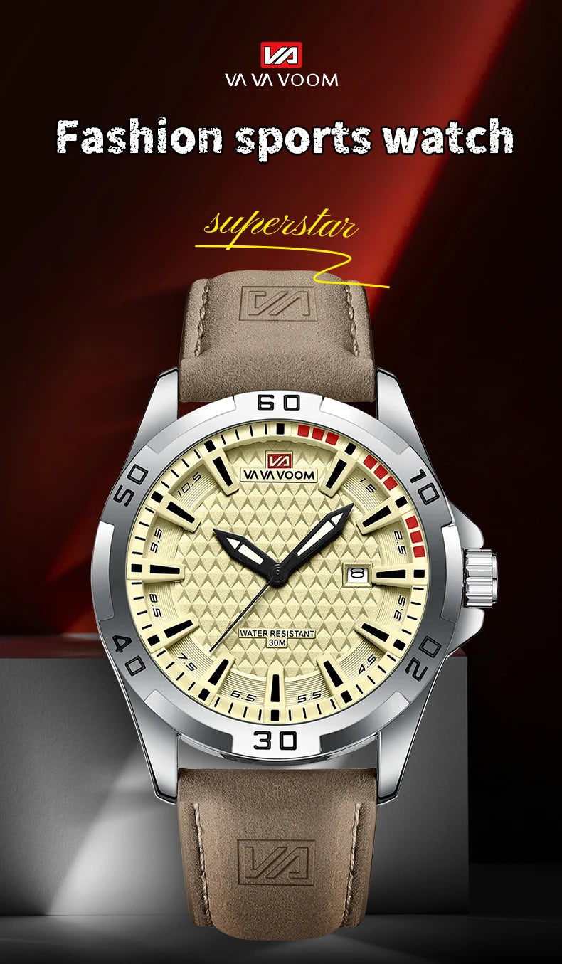 VA VA VOOM Men Casual Sport Military Quartz Calendar Wrist Watch for Man Business Leather Waterproof Male Clock Relogio Masculin